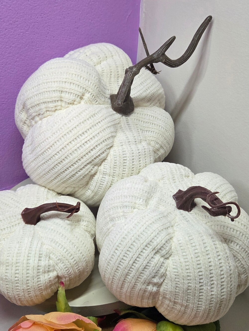 Set of 3 Cream Cable Knit Pumpkins - Cozy Sweater Autumn Decor Bundle
